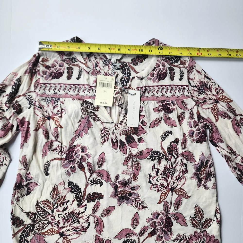 Lucky Brand Floral Long Sleeve Tie Neck Top in Purple and White Sz Small - Picture 5 of 8